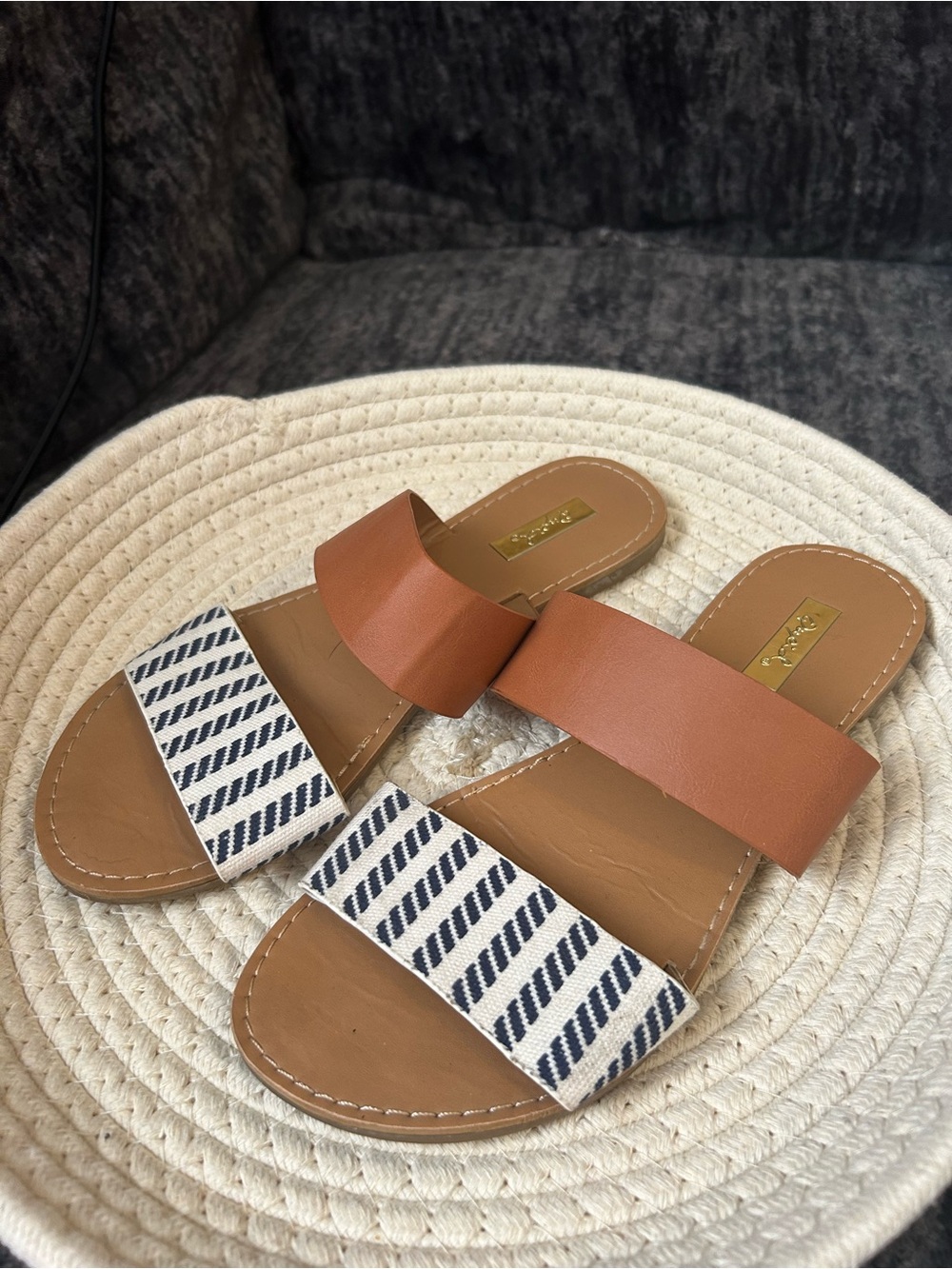 Qupid Tan and Navy Two-Band Slide Sandals